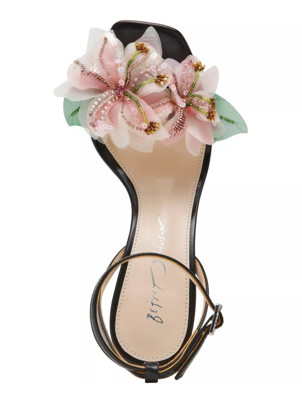 NWB Betsey Johnson Kasie Floral Imitation Pearl Heel Dress Sandals Black Size 11